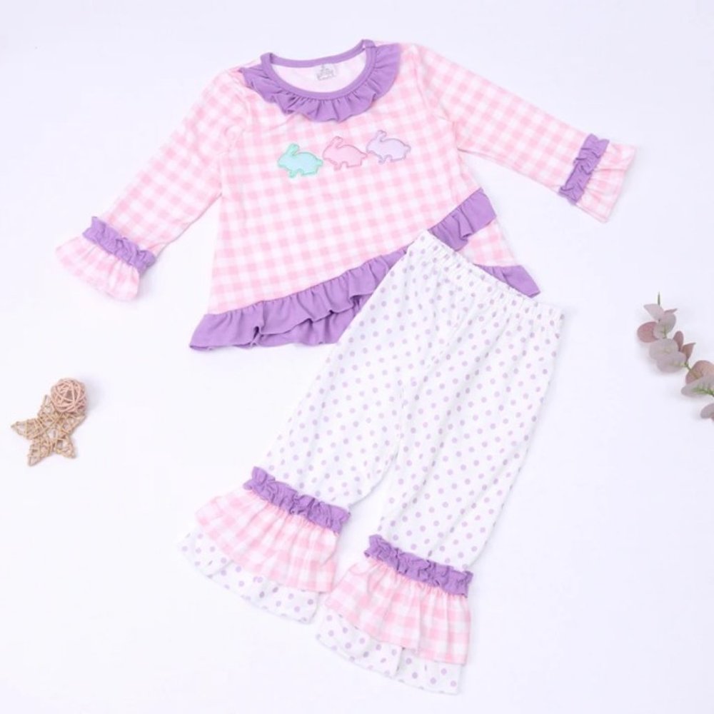 Boutique Easter Bunny Rabbit Girls Tunic & Ruffle Leggings Outfit